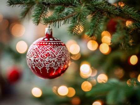 A vibrant holiday decoration dangles from a lush green fir branch, illuminated by gentle, warm lights that evoke a joyful, cozy Christmas ambiance.の写真素材