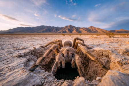A colossal, velvet-coated arachnid stalks upward from its secret refuge amid an expansive arid plain, with distant rugged peaks basking in fiery sunset hues.の写真素材