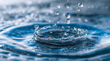 A captivating display of liquid artistry, showing vibrant ripples and splashes as tiny droplets meet, forming mesmerizing patterns on a luminous blue fluid canvasの写真素材