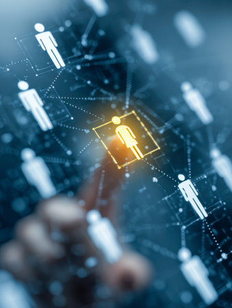 A sleek, high-tech interface featuring a luminous figure guiding talent selection amid a web of interconnected profiles on a vivid blue backdrop.の写真素材