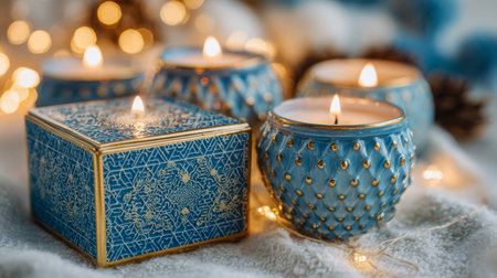 A serene arrangement of deep blue candles with intricate golden details, their gentle flames casting a soothing glow that enhances any space with elegance and tranquの写真素材