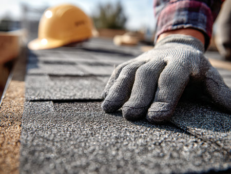 A worker's sturdy glove carefully aligns roofing materials atop a freshly constructed roof, with a safety helmet resting in the distance under bright daylight.の写真素材