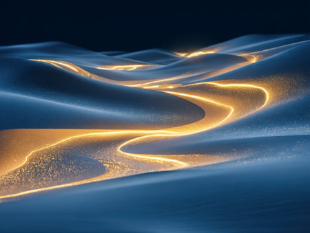 A mesmerizing scene of luminous gold streams weaving across gentle azure dunes, forming an otherworldly nighttime tableau with dreamy, radiant hues.の写真素材