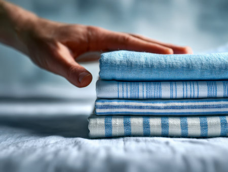 A delicate hand rests on a pristine pile of patterned fabrics, set against a cozy, out-of-focus backdrop that evokes warmth and comfort.の写真素材