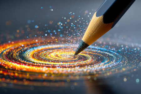 A precise pencil point sparks a mesmerizing swirl of shimmering hues on a reflective surface,...