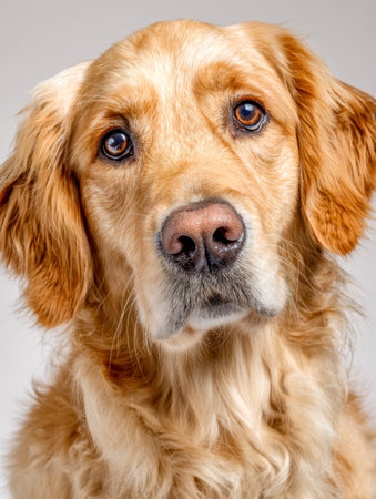 A gentle golden retriever gazes intently, its expressive eyes full of warmth and curiosity, framed by silky, wavy fur against a subtle, unobtrusive backdrop.の写真素材