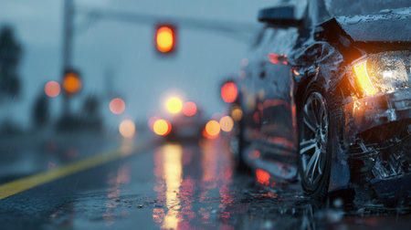 A battered black vehicle with dazzling beams casts light on a slick, rain-soaked urban road, as vibrant traffic signals shimmer on the shiny, reflective pavement.の写真素材