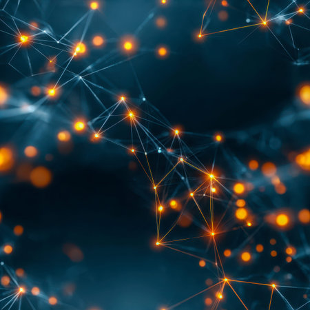 Illuminated network of radiant points and flowing connections evoke the intricate web of modern...