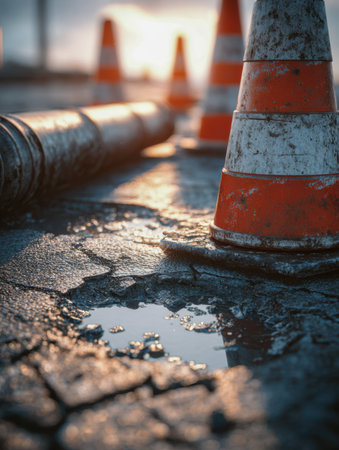 Rusty orange cones stand amid fractured pavement and reflective puddles, illuminated by warm sunset rays, capturing a gritty yet artistic city renovation atmosphere.の写真素材