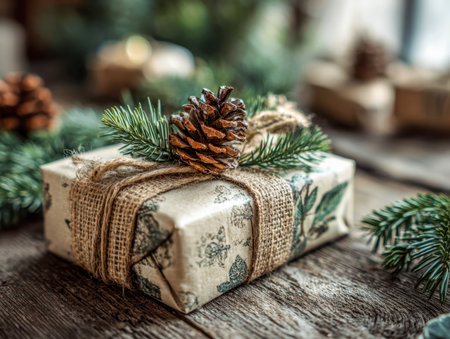 A charming seasonal accent featuring a hand-wrapped present with earthy textures, complemented by a textured burlap bow, a pinecone, and fresh pine branches on a rustic wの写真素材