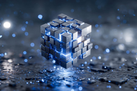 A sleek, high-tech cube made of glowing metal segments hovers over a circuit-laden surface, illuminated by serene blue lighting and blurred light orbs creating depth.の写真素材