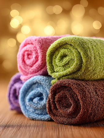 Vibrant, neatly rolled towels arranged atop a rustic wooden surface, illuminated by cozy bokeh glows, perfect for a soothing spa or inviting home ambiance.の写真素材