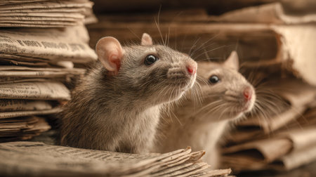 Two inquisitive rats emerge cautiously from a pile of aged newspapers amid a softly illuminated, rustic setting, showing their instinctive exploration of habitat.の写真素材