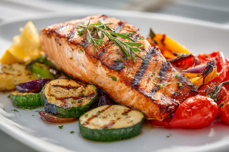 A perfectly grilled salmon fillet garnished with vibrant herbs, complemented by smoky zucchini, colorful peppers, ripe tomatoes, and zesty lemon slices on a pristineの写真素材