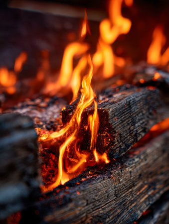 Flickering amber and tangerine hues cast a cozy glow as flames waver above blackened logs, evoking warmth and tranquility in an intimate campfire scene.の写真素材