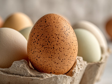 A vibrant assortment of eggs, from smooth solids to speckled varieties, neatly displayed in a carton, illuminated by gentle, natural daylight highlighting their textures.の写真素材