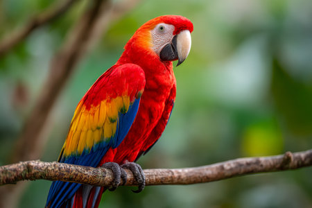An eye-catching bird with brilliant crimson, golden, and azure plumage rests elegantly on a rugged...