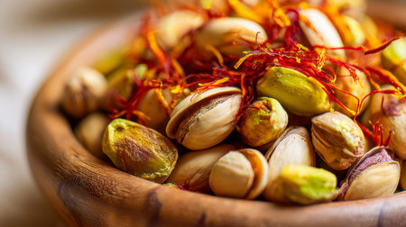 A colorful assortment of cracked and whole pistachios intertwined with vivid saffron threads in a textured wooden basin, set against a simple, understated backdrop.の写真素材