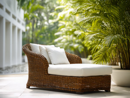 A cozy outdoor seating spot featuring a woven wicker chair with plush white padding, surrounded by lush tropical foliage on a bright, sun-kissed tiled courtyard perfの写真素材
