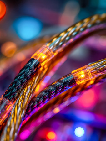 Energized fiber optic strands flash with neon brilliance, weaving through sleek metal braids amid a colorful, blurred backdrop that symbolizes innovation and digitalの写真素材