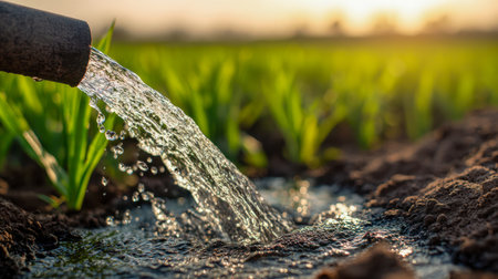 Bright sunlight illuminates a rural scene where a gentle stream of water cascades from a pipe, nourishing lush green plants in fertile soil, promoting healthy growthの写真素材