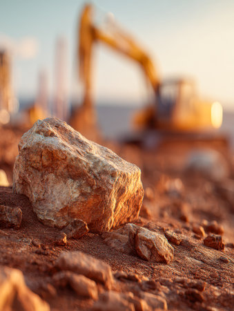 A weathered boulder sits atop rust-colored earth, with towering construction equipment softly blurred behind, illuminated by the warm glow of sunset at a quarry.の写真素材