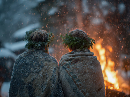 Cozy companions in festive headwear huddle by a blazing fire amid snowy trees, radiating warmth and holiday cheer on a tranquil winter night.の写真素材