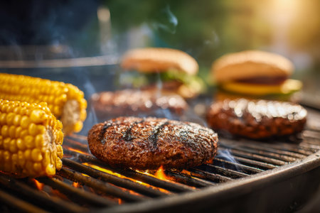 Sizzling burgers and sweet corn roasting over an outdoor grill evoke a lively summer feast under bright sunlight, perfect for family gatherings and outdoor fun.の写真素材