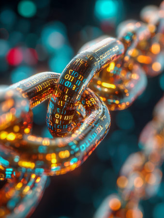 Interconnected luminous links embedded with streaming binary sequences symbolize the resilience and complexity of advanced digital security networks, set against a sleek,の写真素材