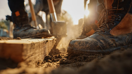 Sunlit workers in sturdy footwear skillfully smooth earth around wooden beams, creating a warm, industrial scene at a busy outdoor construction zone.の写真素材