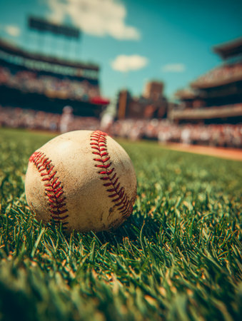 A weathered baseball lies gently on vibrant green turf, with a lively stadium and cheering spectators softly blurred behind on a bright, sunny game day.の写真素材