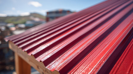 Vivid red metal panels reflect sunlight brilliantly, set against a softly blurred backdrop of urban structures and gentle hills under a clear sky.の写真素材
