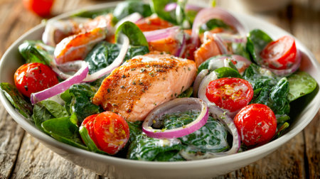 A vibrant green bed of spinach topped with perfectly grilled salmon, juicy cherry tomatoes, and crisp red onion slices, all drizzled with a smooth, creamy dressing oの写真素材