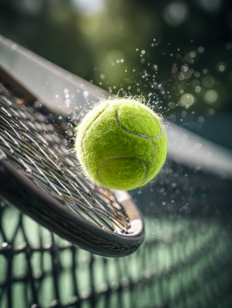 A burst of energy captured as a colorful tennis ball strikes strings on a sunlit outdoor court, sending droplets of water flying with dynamic motion and crisp detailの写真素材