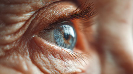 A striking close-up capturing a vivid blue eye?s complex iris patterns and delicate skin textures, highlighting tiny wrinkles and slender eyelashes for an intimate pの写真素材