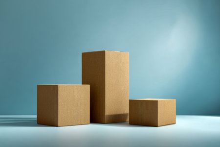A trio of unadorned cardboard containers in different proportions sit neatly on a sleek white plane, illuminated softly against a subdued bluish backdrop with gentle shadの写真素材