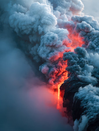 Fiery red and orange currents cascade into dark waters as dense clouds of steam and smoke billow upward, creating a dramatic and intense volcanic scene at dusk.の写真素材