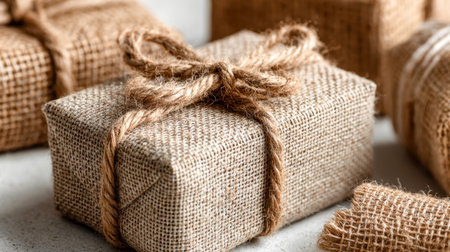 Handcrafted gift wraps featuring coarse burlap fabric secured with breathable jute string, emphasizing eco-conscious wrapping for charming, sustainable occasions.の写真素材