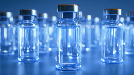 Sleek glass containers containing pristine liquid are meticulously organized on a glossy surface, set against a serene blue backdrop that highlights their clarity and preの写真素材