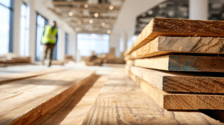 A neatly arranged pile of timber dominates the foreground, while a worker in a reflective vest strides through an illuminated, skeletal construction space.の写真素材