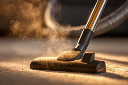 A focused shot of a vacuum nozzle extracting particles from plush carpet fibers, with sunlight revealing swirling dust in a dynamic, detailed cleaning moment.の写真素材