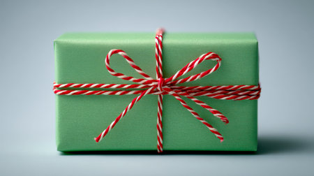 A vibrant green present, elegantly wrapped with a festive red and white string bow, set against a smooth gray backdrop perfect for holiday joy.の写真素材