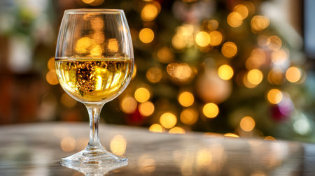 A sophisticated white wine glass rests on a glossy surface, surrounded by warm, shimmering golden glows that evoke a welcoming holiday mood.の写真素材