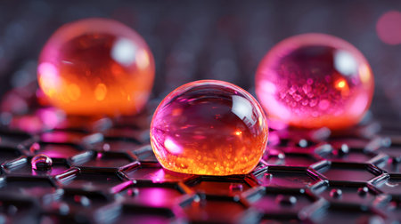 Brightly colored, see-through globes sit atop a mirrored hexagonal platform, with complex...
