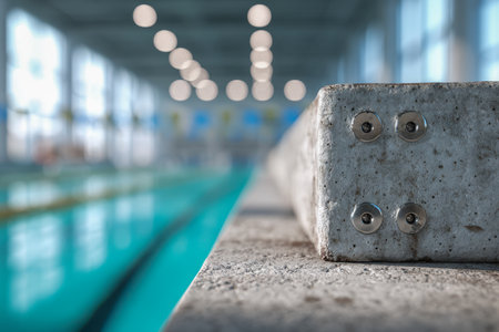 A serene poolside scene highlighting a sturdy concrete starting block, with softly blurred lanes and gentle overhead illumination evoking tranquility.の写真素材