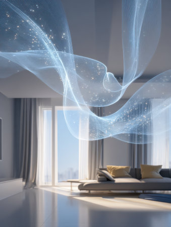 A contemporary lounge featuring plush seating bathed in soft, natural light, where swirling luminous patterns evoke serenity and a dreamlike ambiance.の写真素材