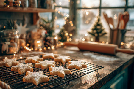 Warm, golden star cookies rest on a wire rack amid twinkling holiday lights and seasonal ornaments, evoking cozy festive cheer and homemade charm.の写真素材