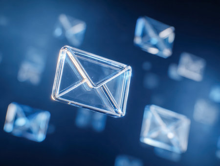 Glowing envelopes drift through a vibrant blue virtual environment, representing cutting-edge digital messaging and the seamless future of electronic correspondenceの写真素材