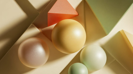 A tranquil arrangement of pastel-colored shapes with gentle illumination and delicate shadows,...
