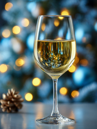 A sophisticated wine glass shimmering under soft, glowing illumination, accented by a rustic pinecone, evoking a warm, festive ambiance perfect for holiday gatheringの写真素材